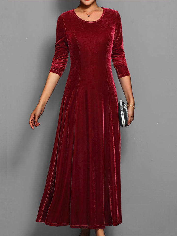 Elegante dames maxi feestjurk met lange mouwen en ronde hals, perfect voor avonden en bruiloften.