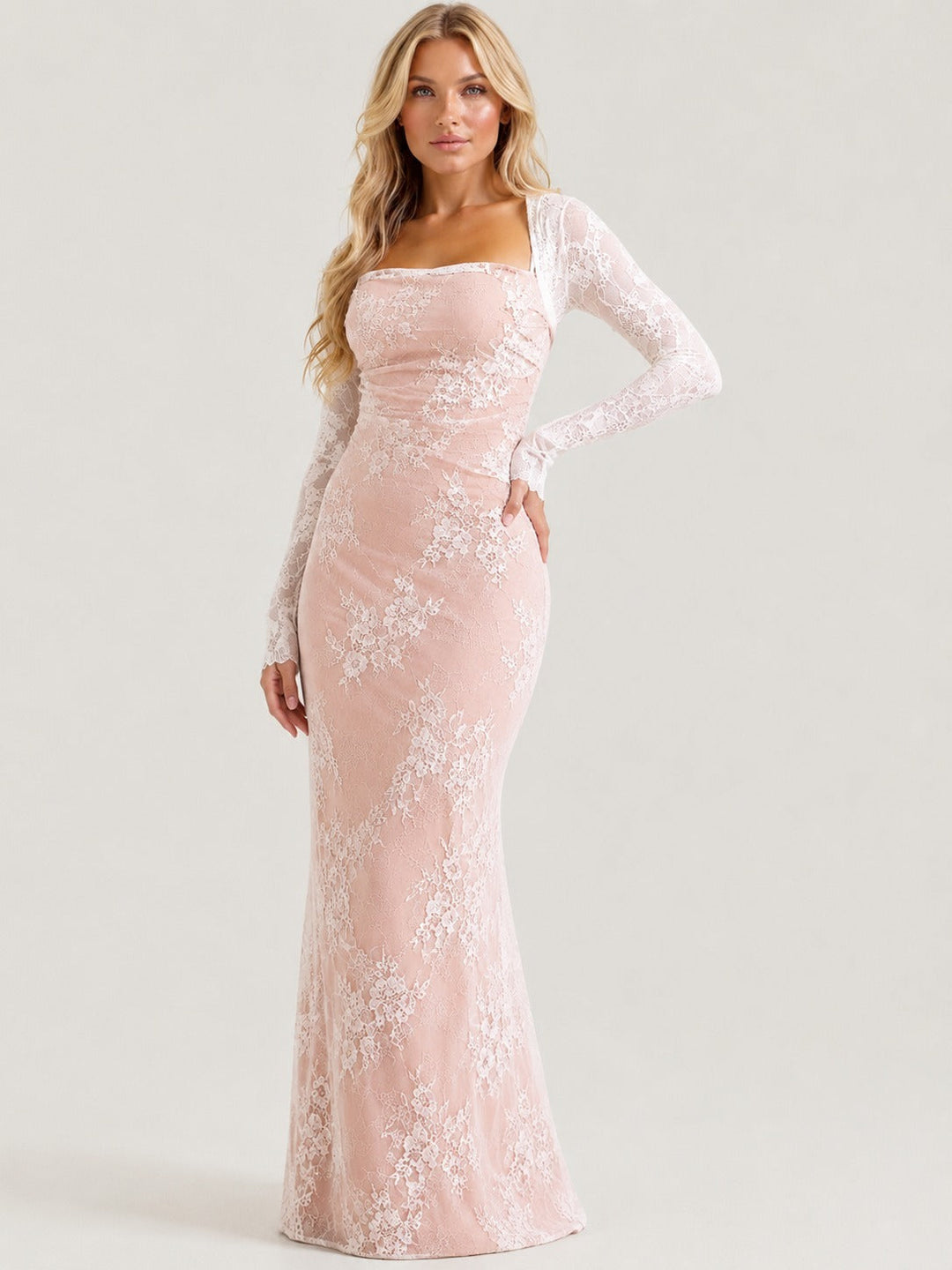 Elegante dames maxi jurk met corset en lange mouwen, perfect voor gala of als bruiloftsgast.