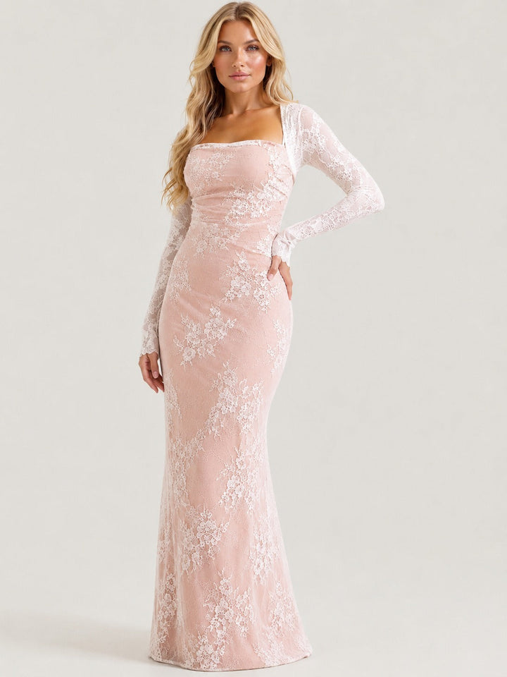 Elegante dames maxi jurk met corset en lange mouwen, perfect voor gala of als bruiloftsgast.