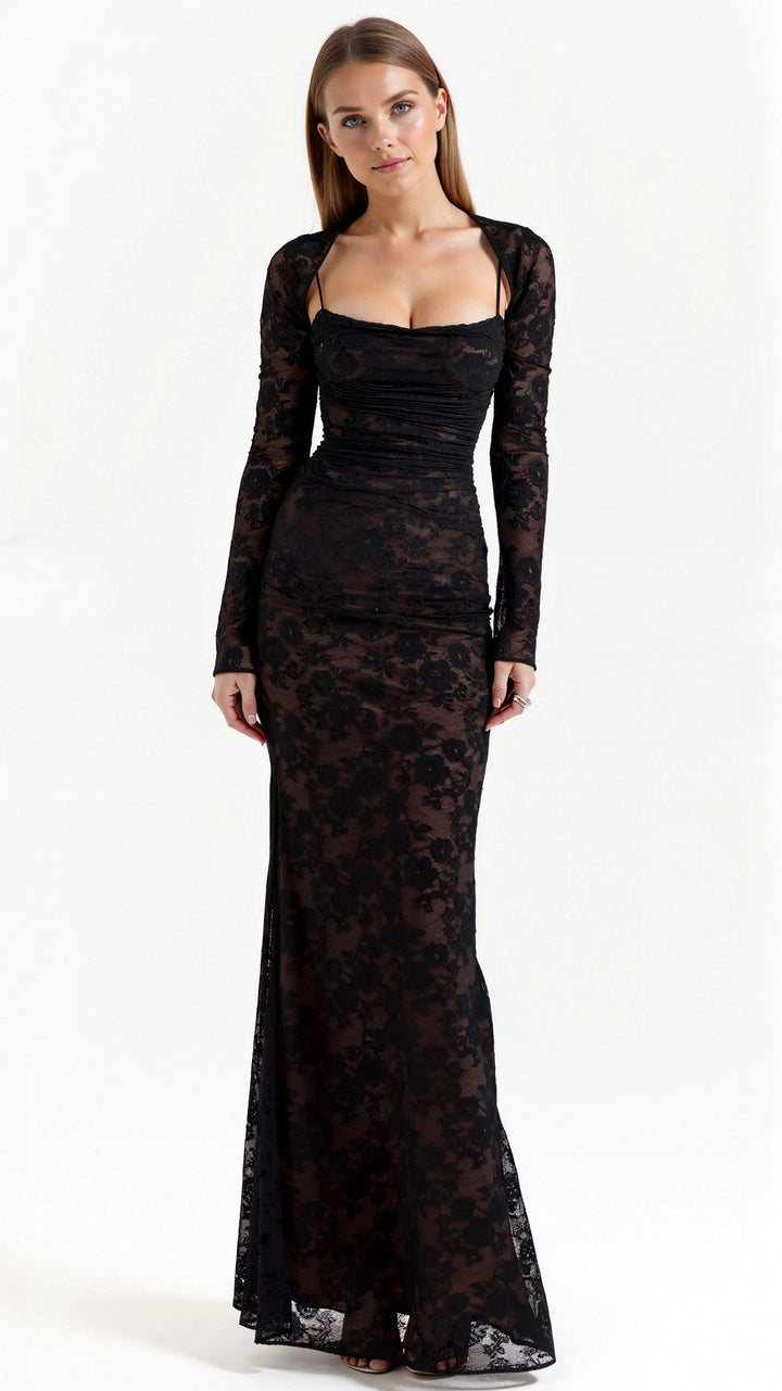 Stijlvolle feestjurk: dames maxi jurk met corset, lange mouwen en sierlijke overlay. Geschikt als gala jurk.
