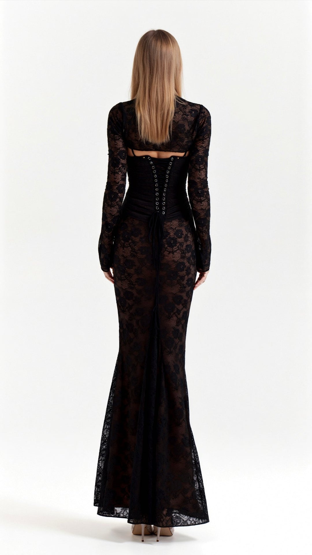 Luxe dames corset jurk, een elegante maxi jurk met lange mouwen en sierlijke details, ideaal voor speciale gelegenheden.