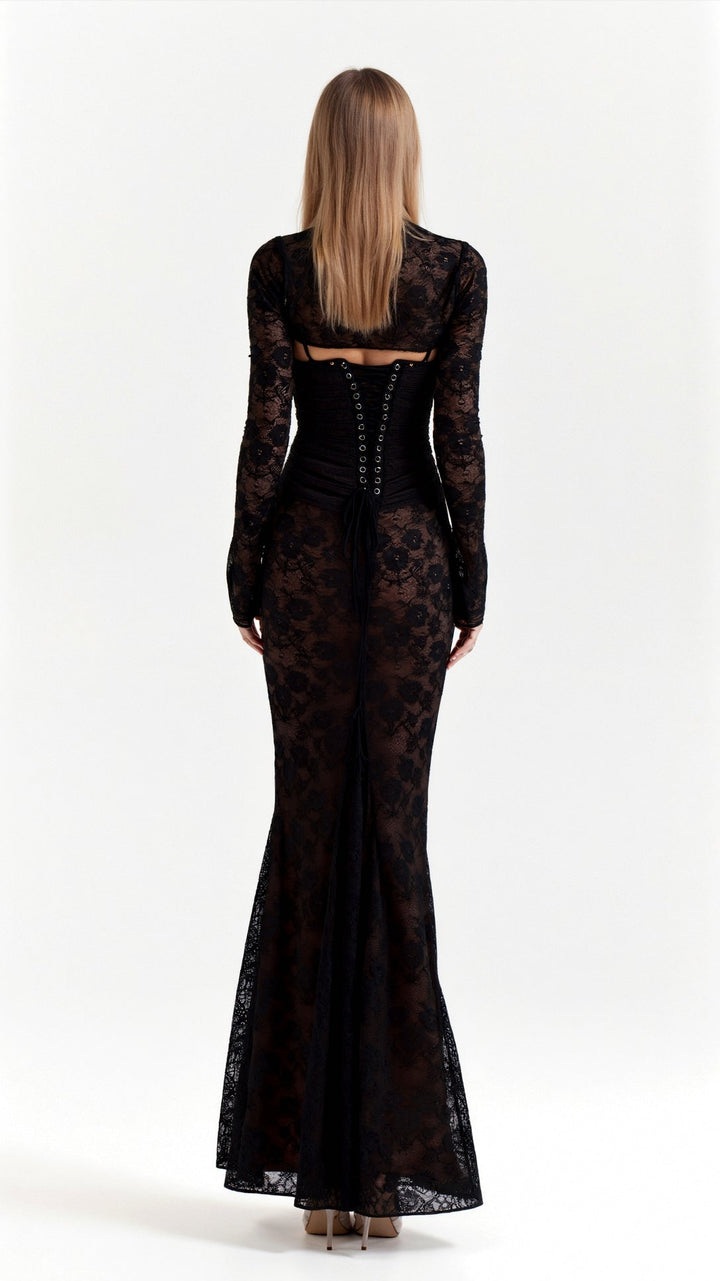 Luxe dames corset jurk, een elegante maxi jurk met lange mouwen en sierlijke details, ideaal voor speciale gelegenheden.