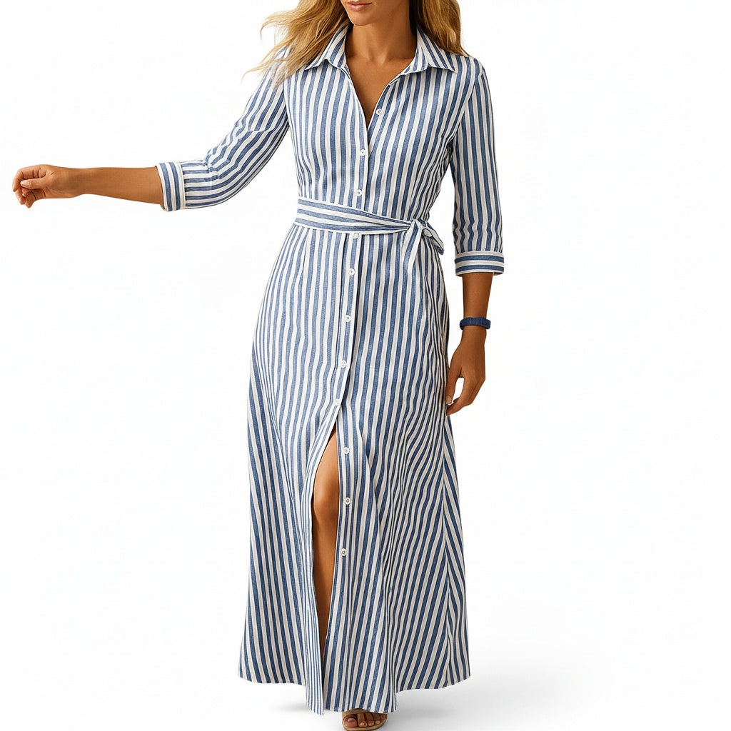 Elegante dames maxi jurk met driekwart mouwen, kraag en strikceintuur. Ideaal als zomerse hemdjurk met knoopsluiting.
