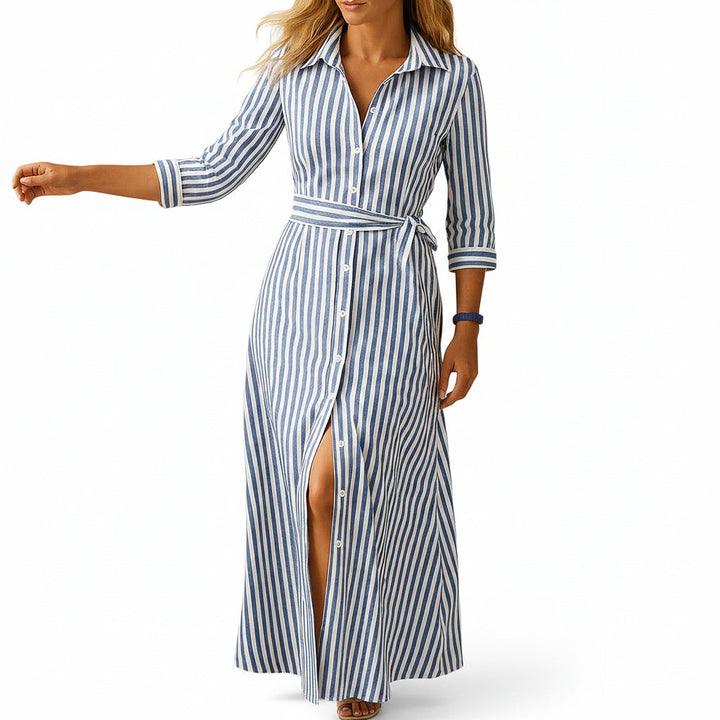 Elegante dames maxi jurk met driekwart mouwen, kraag en strikceintuur. Ideaal als zomerse hemdjurk met knoopsluiting.