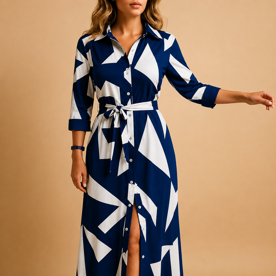 Stijlvolle dames maxi jurk met driekwart mouwen, kraag en verstelbare strikceintuur voor een elegante uitstraling.