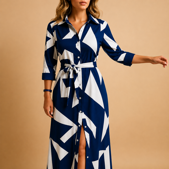 Stijlvolle dames maxi jurk met driekwart mouwen, kraag en verstelbare strikceintuur voor een elegante uitstraling.