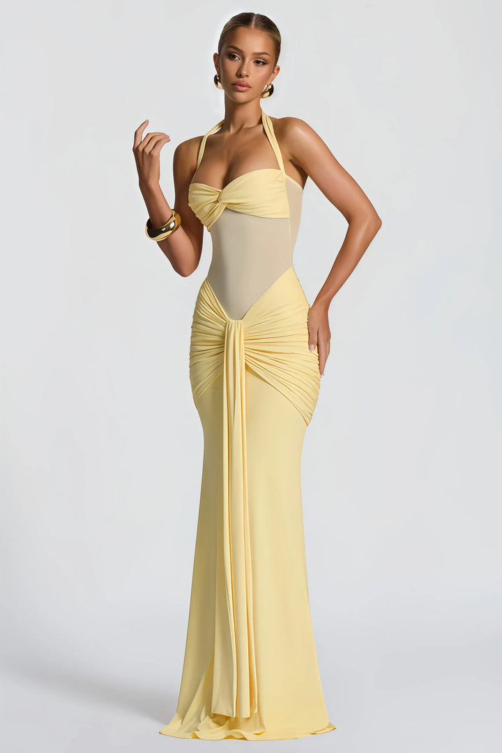 Blauwe elegante avondjurk voor dames. Maxi-jurk met halternek, ideaal voor speciale gelegenheden.