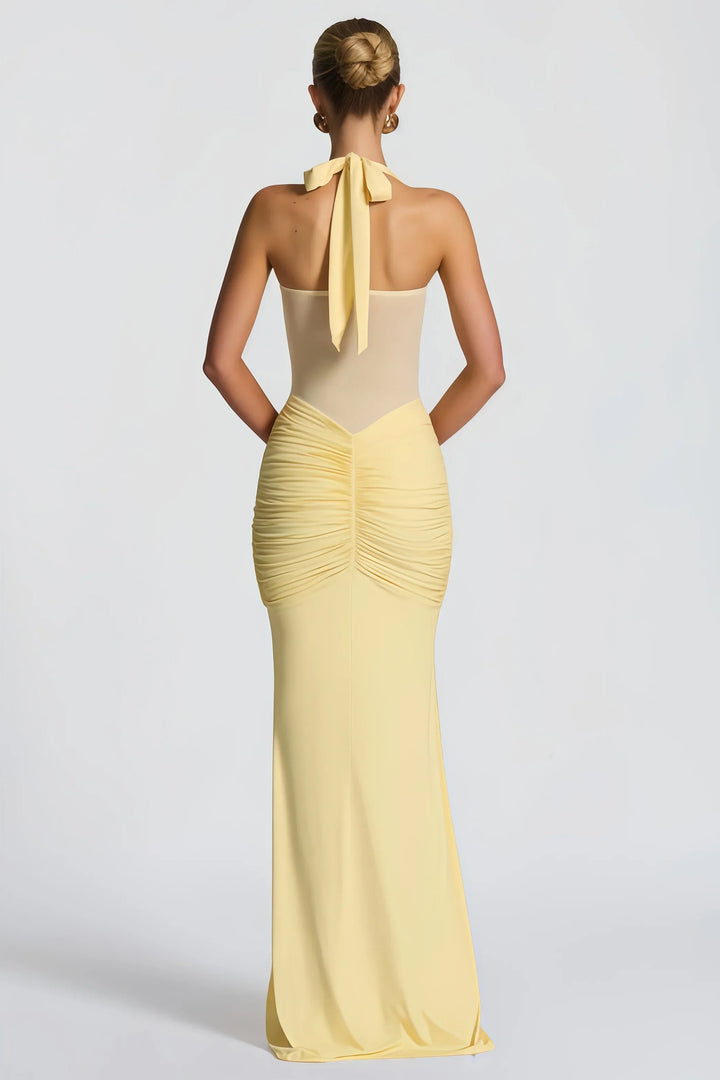 Zwarte feestjurk voor dames: gedrapeerde maxi-jurk met elegante halternek, perfect voor avonden.