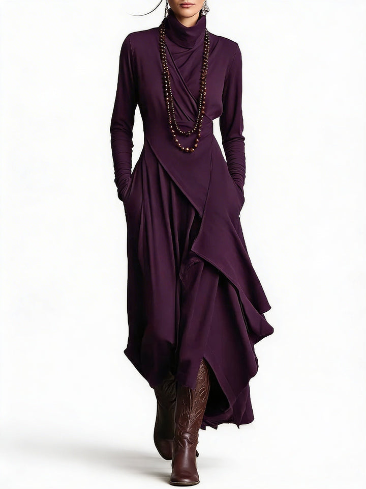 Elegante dames maxi jurk met hoge col, lange mouwen en unieke asymmetrische rok. Perfect voor vrouwen.