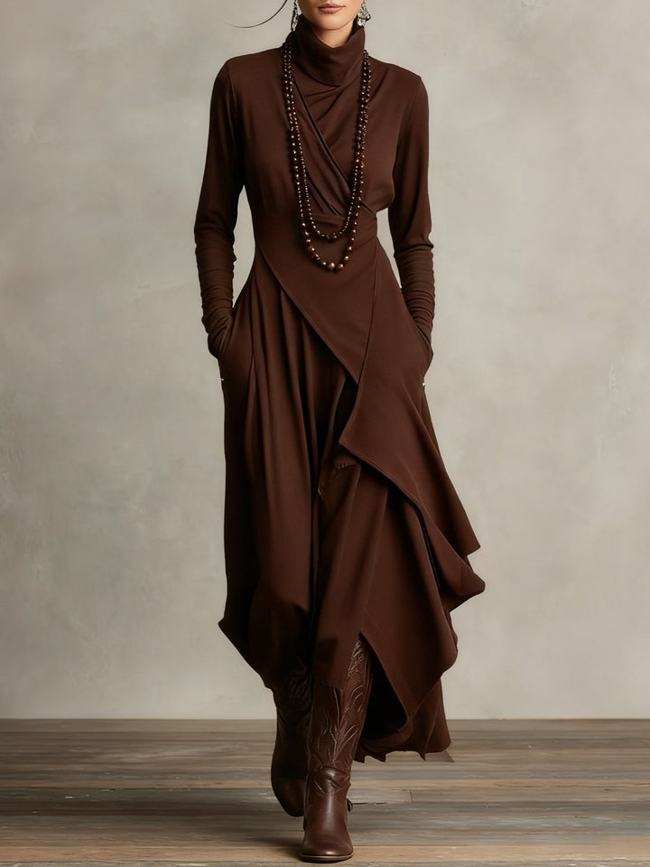 Casual chic maxi jurk voor dames, hoge col, lange mouwen en dynamische asymmetrische rok. Bohemian vibe.