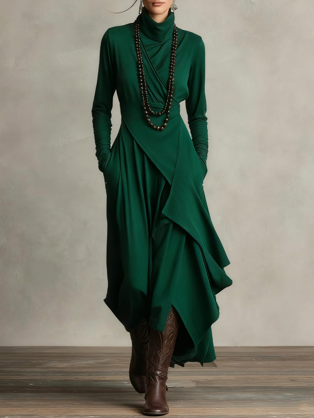 Dames maxi jurk, hoge col, lange mouwen, asymmetrische rok. Comfortabele en elegante vrouwen kleding.