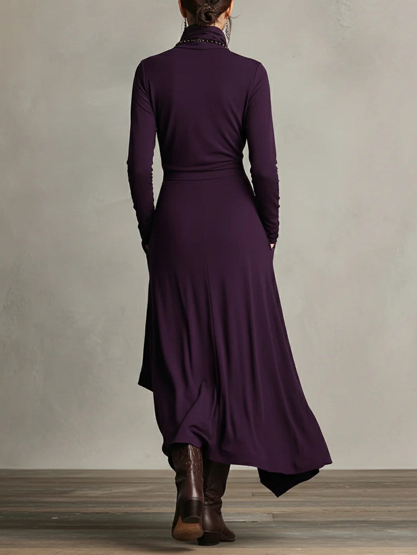 Bohemian-stijl dames maxi jurk, met hoge col, lange mouwen en vloeiende asymmetrische rok. Comfortabel & chic.