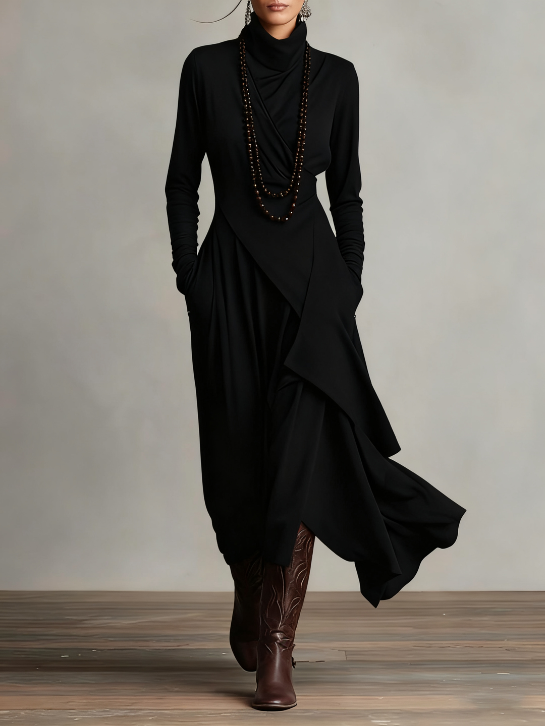 Moderne maxi jurk voor dames, hoge col, lange mouwen en een elegante asymmetrische zoom. Casual of feestjurk.