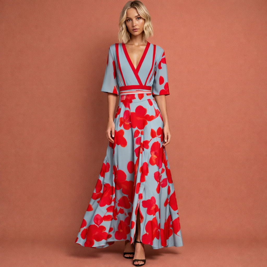 Elegante dames maxi jurk met levendige bloemenprint, V-hals en lange mouwen, perfect voor zomer of feest.