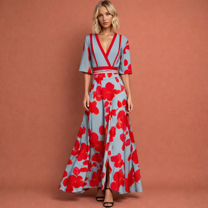 Elegante dames maxi jurk met levendige bloemenprint, V-hals en lange mouwen, perfect voor zomer of feest.