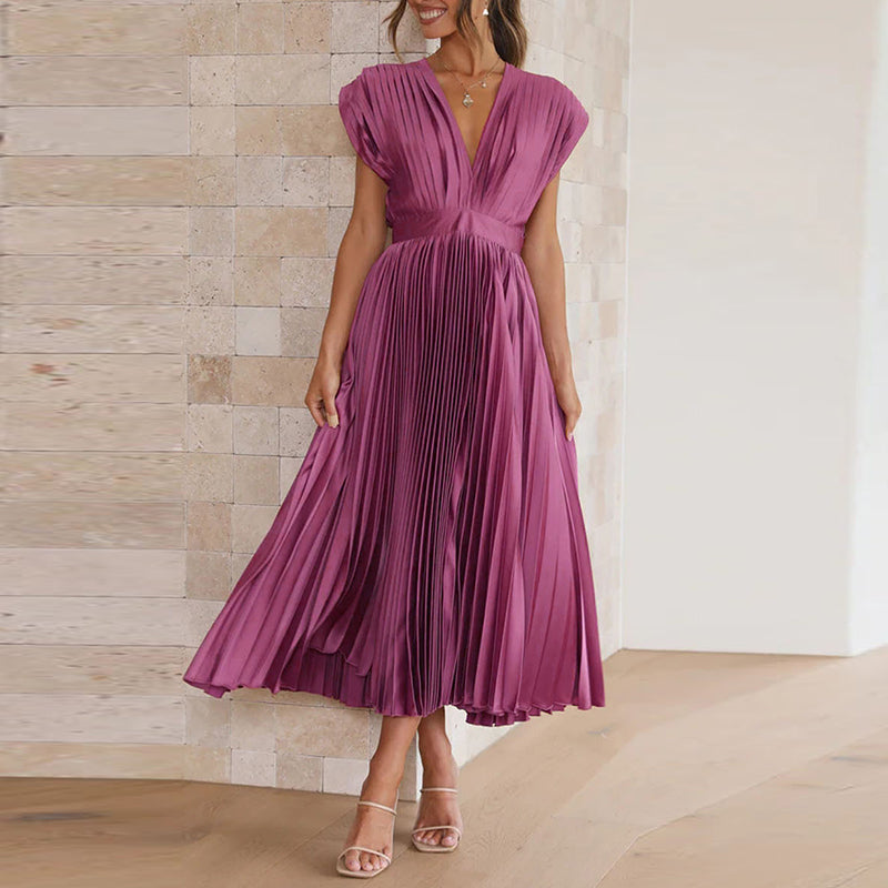 Rugloze V-hals dames maxi jurk, elegant en mouwloos, perfect voor gala of een stijlvol feest.