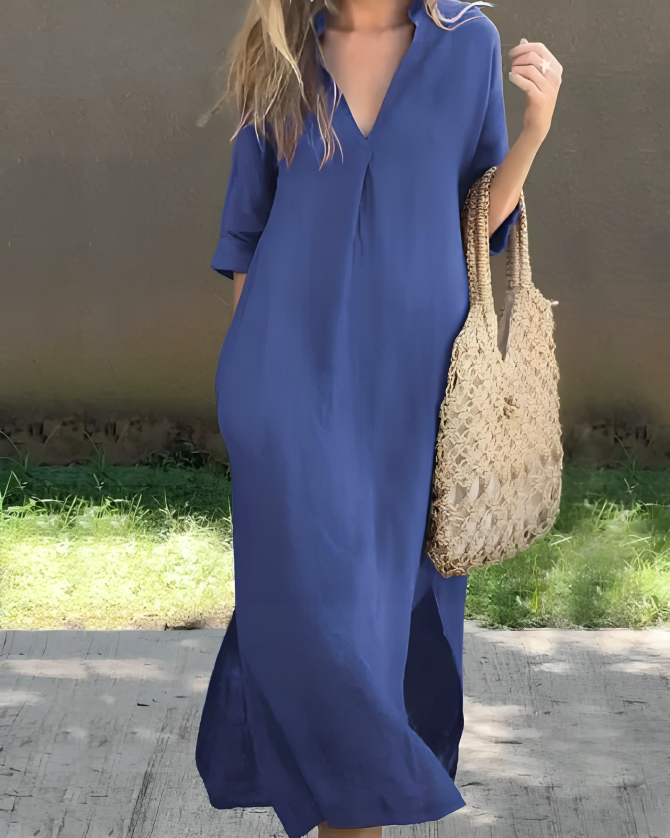 Chique dames maxi jurk met V-hals en kraag, veelzijdig voor zowel casual als elegante zomer outfits.
