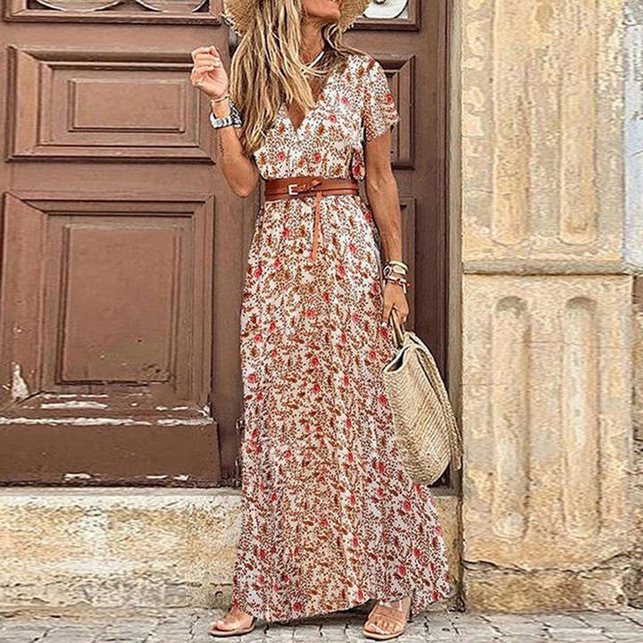 Ademende dames maxi-jurk met V-hals en elegante riem, ideaal voor een comfortabele en stijlvolle zomerse look.