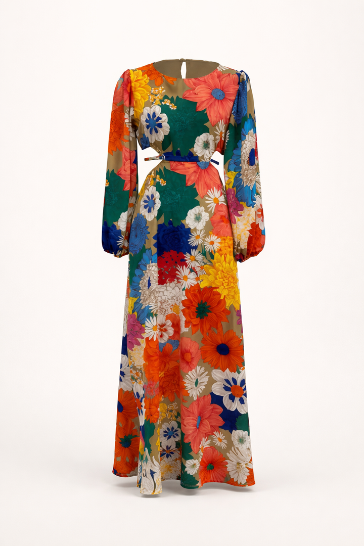 Lange damesjurk met kleurrijke bloemenprint en stijlvolle pofmouwen, een elegante zomerjurk.