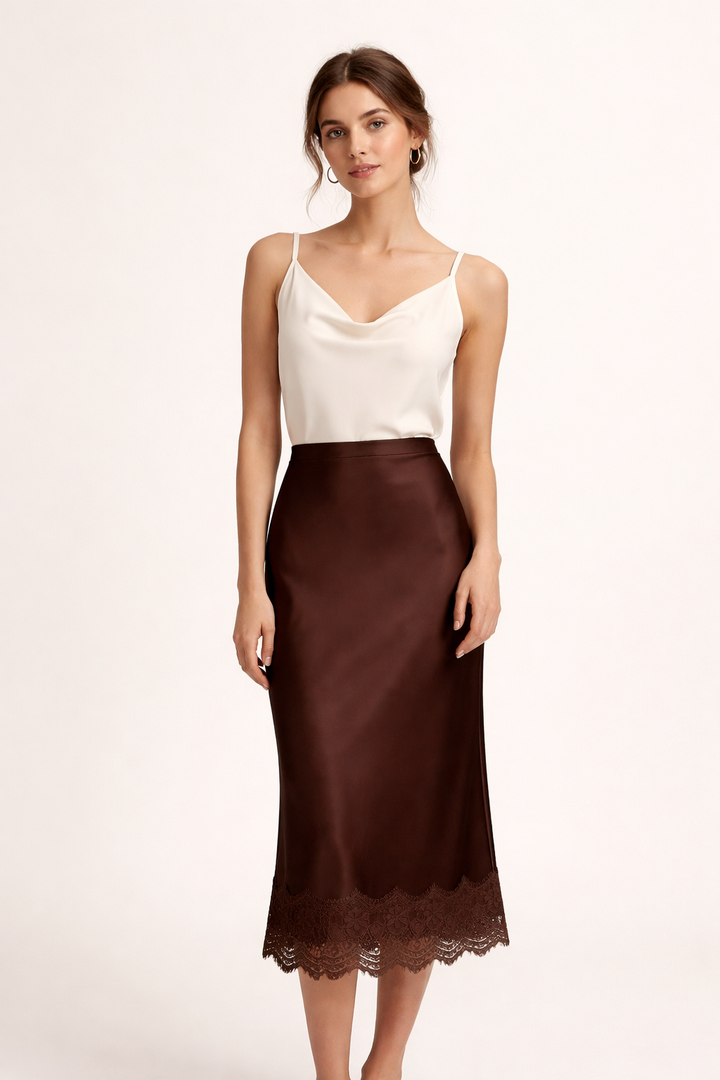 Wijnrode dames maxirok met geraffineerd kant, perfect als formele kleding of voor zomerse avonden.