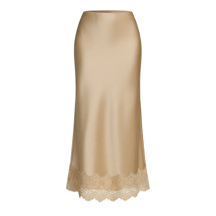 Veelzijdige lange damesrok in beige met chique kanten details, ideaal voor zowel dag als avond.