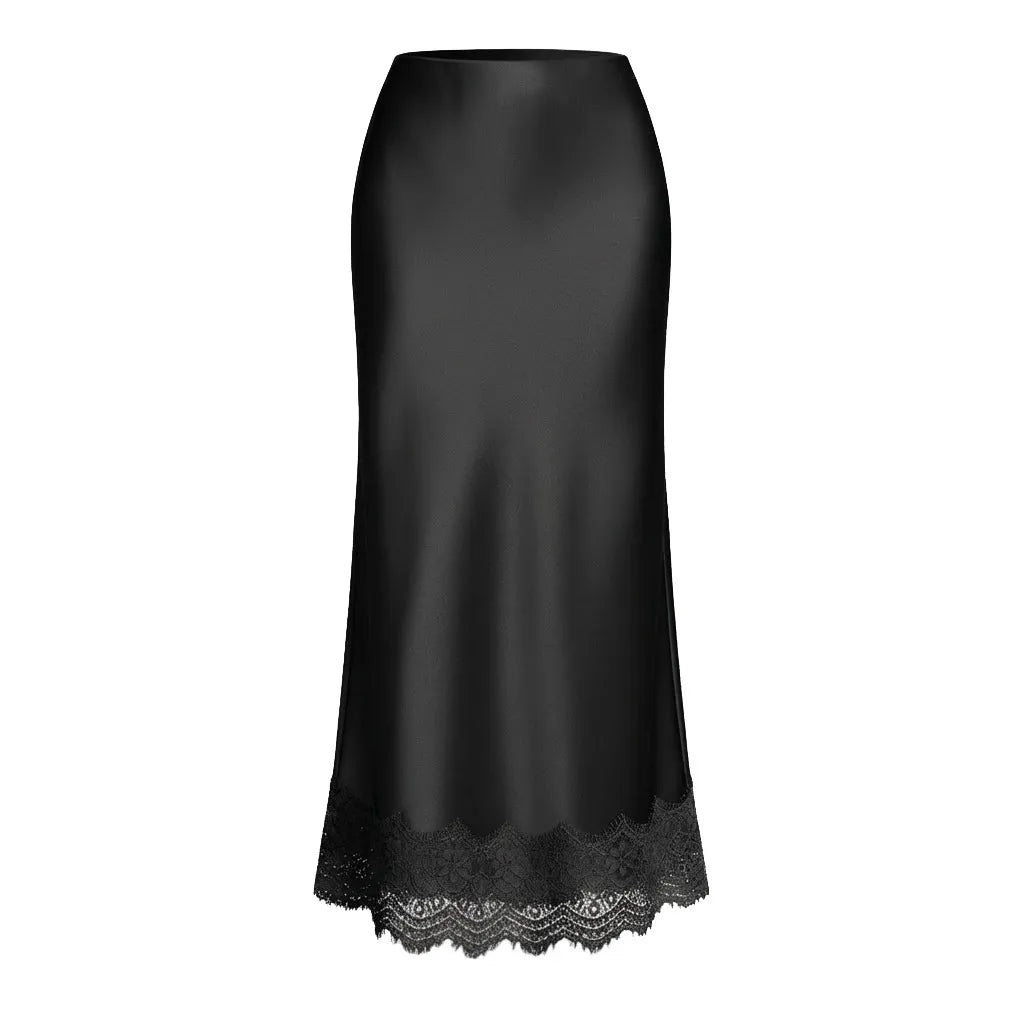 Elegante wijnrode maxirok voor dames, voorzien van verfijnd kantwerk. Perfecte avondkleding optie.