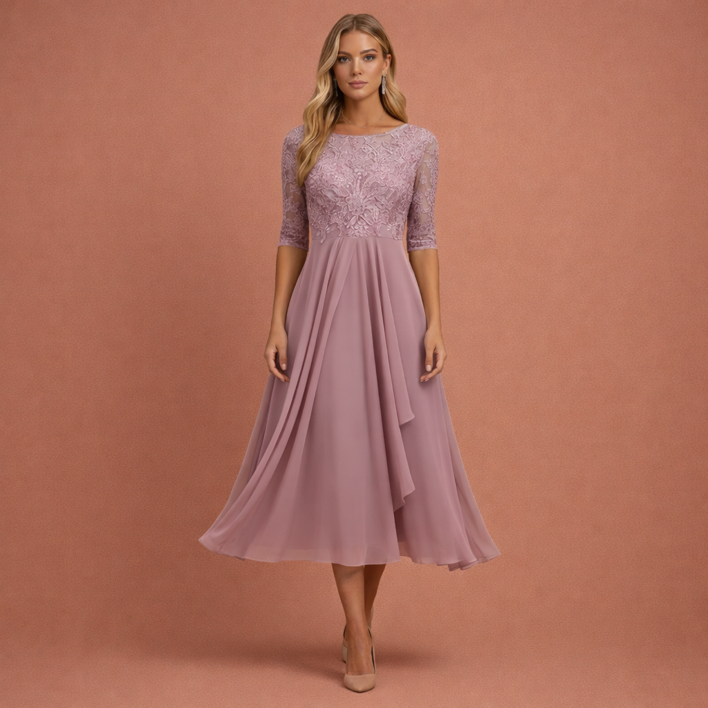 Elegante dames midi avondjurk met kanten lijfje, gelaagde rok en driekwart mouw, perfect voor feesten.