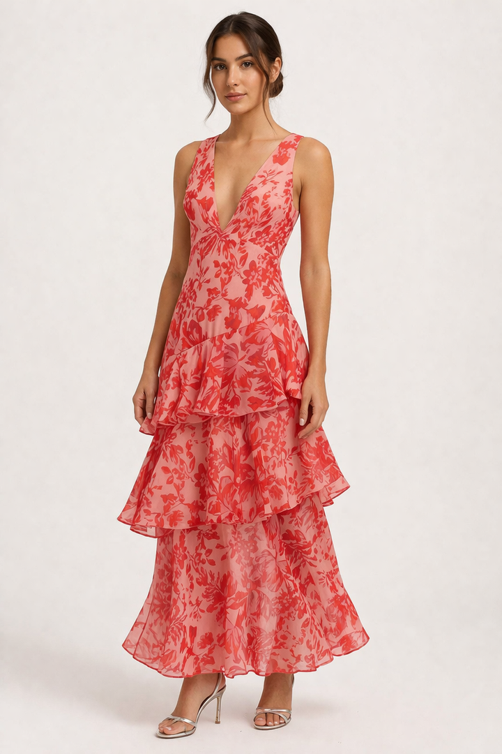 Elegante dames midi feestjurk met levendige bloemenprint, flatterende V-hals en A-lijn model.
