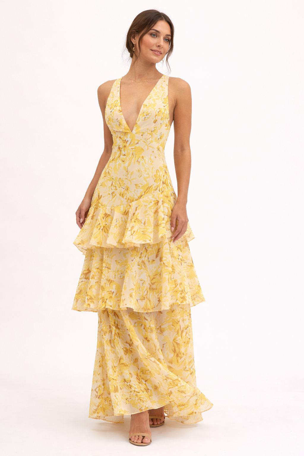 Chic midi jurk dames met bloemenprint en V-hals, perfect voor zowel zomerse dagen als speciale gelegenheden.