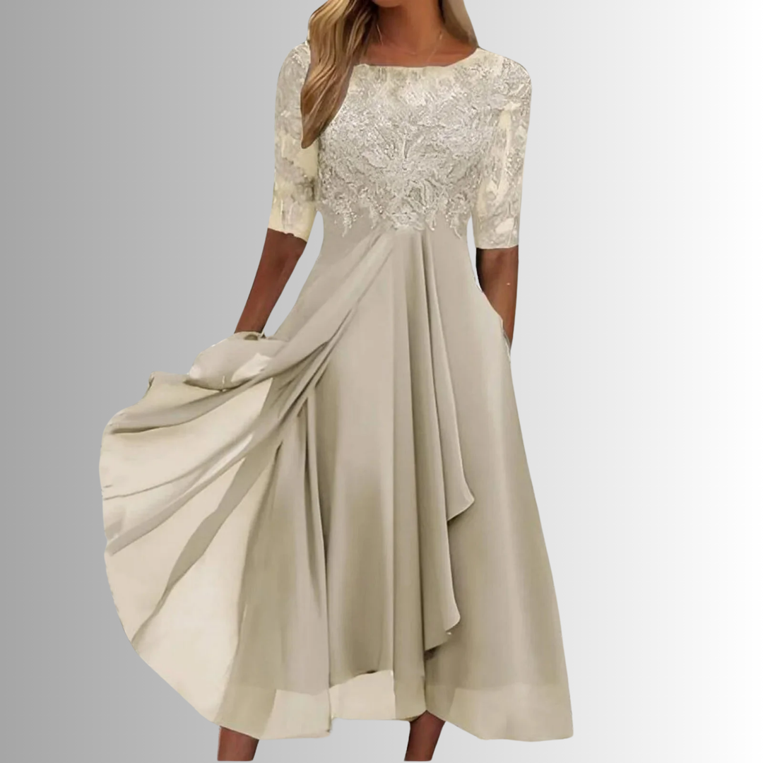 Paarse elegante dames midi jurk, A-lijn rok met ronde hals en halve mouw, perfect voor feestelijke gelegenheden.