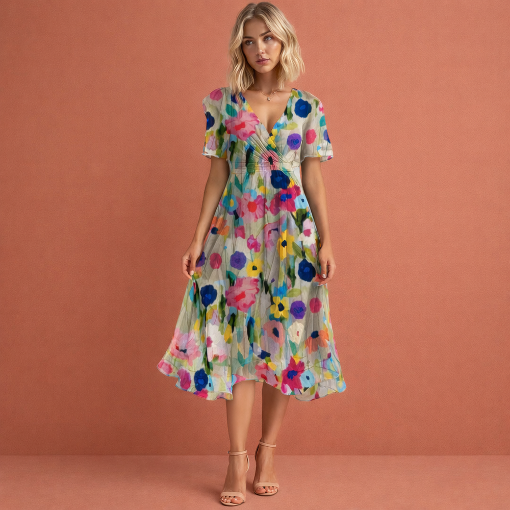 Comfortabele zomerjurk voor dames, midi lengte, met vrolijke bloemenprint en korte mouwen. Ideaal voor lente en zomer.