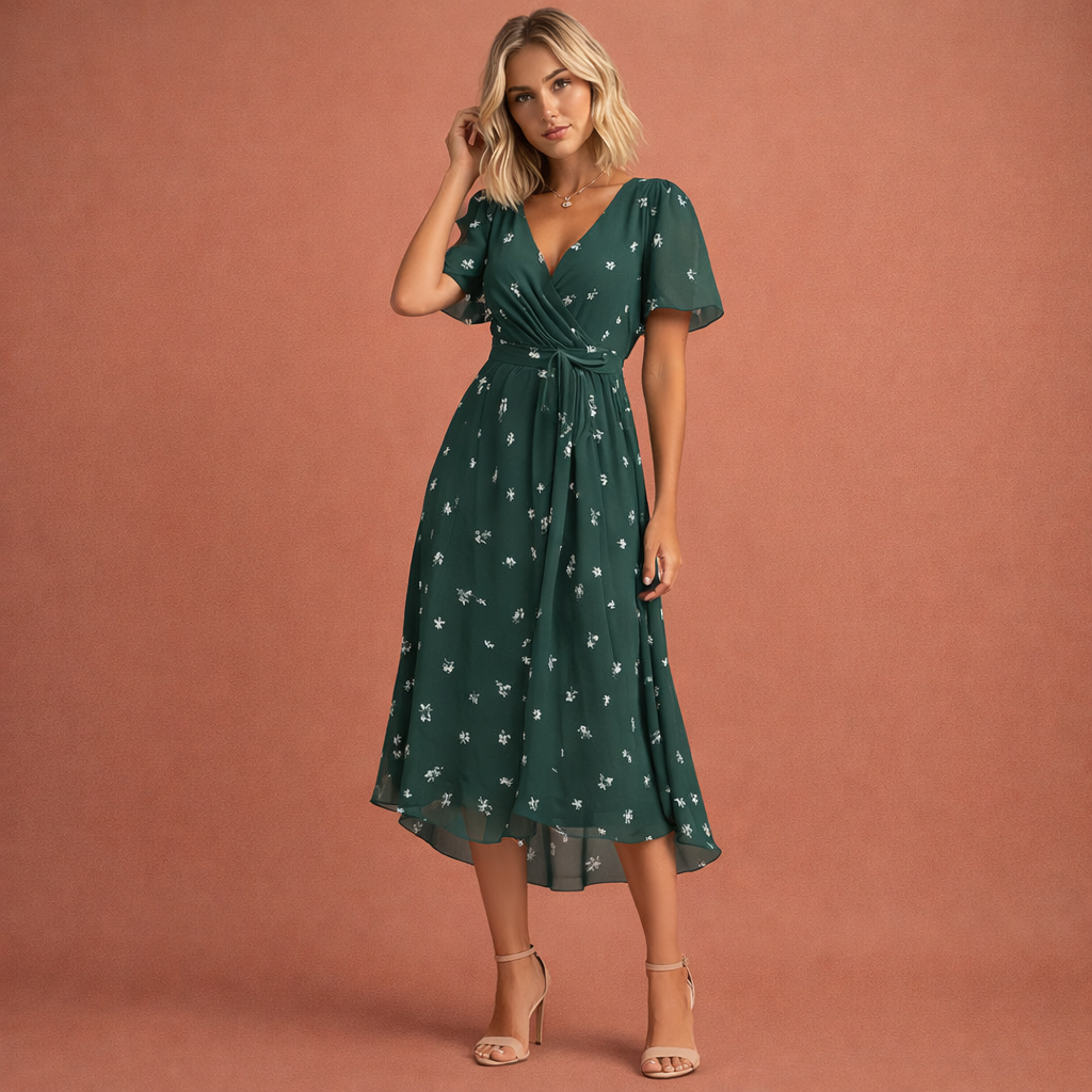 Feestelijke midi jurk met bloemenprint en korte mouwen voor dames. Stijlvolle dameskleding voor lente- of zomerfeestjes.