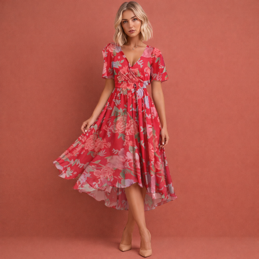 Dames midi jurk met levendige bloemenprint, korte mouwen en een elegante snit. Veelzijdig voor dagelijks en feestelijk.