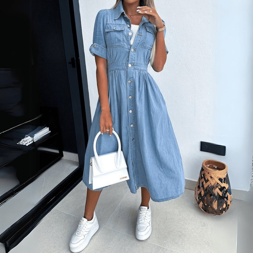 Casual elegante midi jurk met kraag voor dames; perfect als lentekleding of comfortabele zomerjurk.