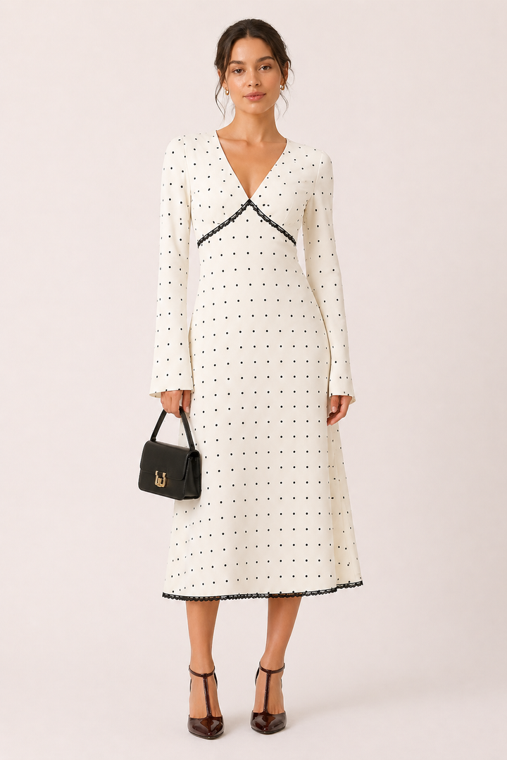 Veelzijdige damesjurk: midi-lengte, lange mouw, V-hals en trendy polkadot print voor elk seizoen.