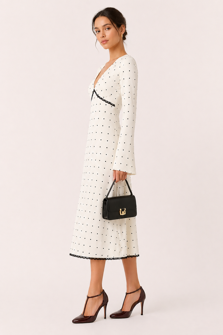 Chique polkadot print dames midi-jurk met lange mouwen en diepe V-hals; perfecte herfst- of voorjaarsjurk.