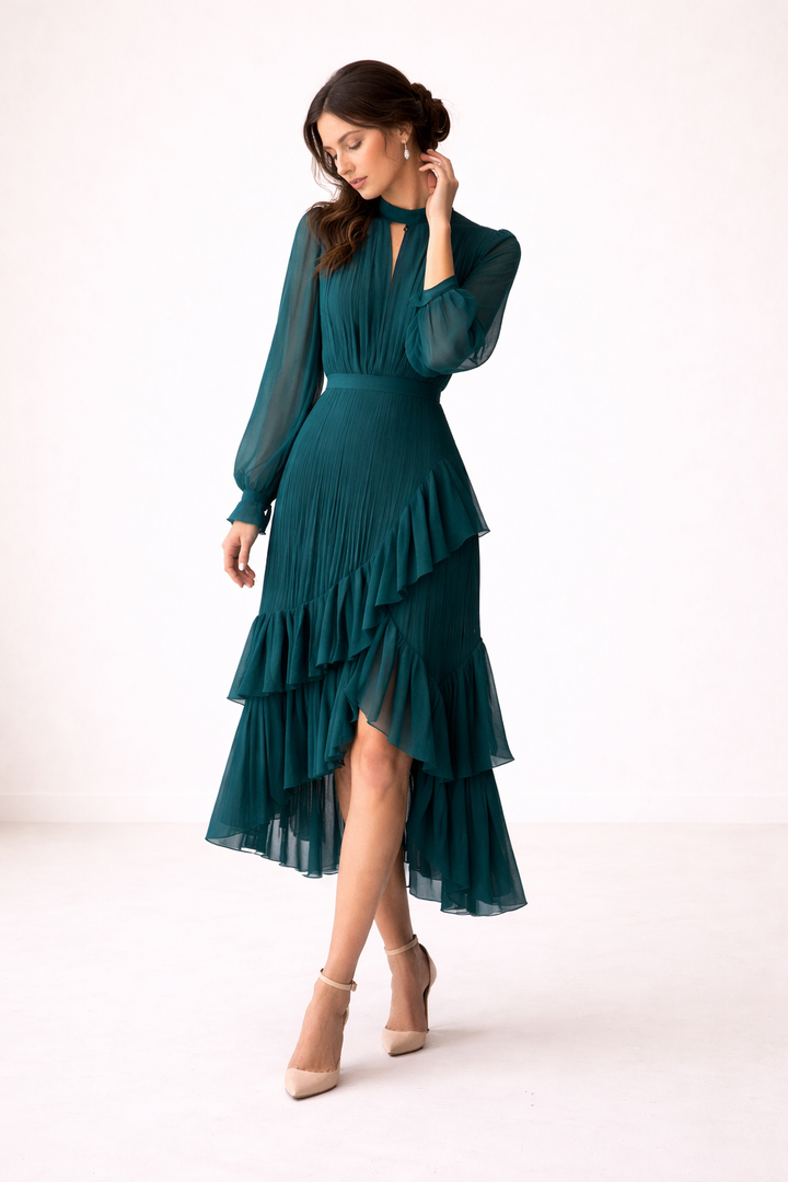 Chique midi-jurk voor dames met plooien en lange mouwen, geschikt als casual of feestjurk.