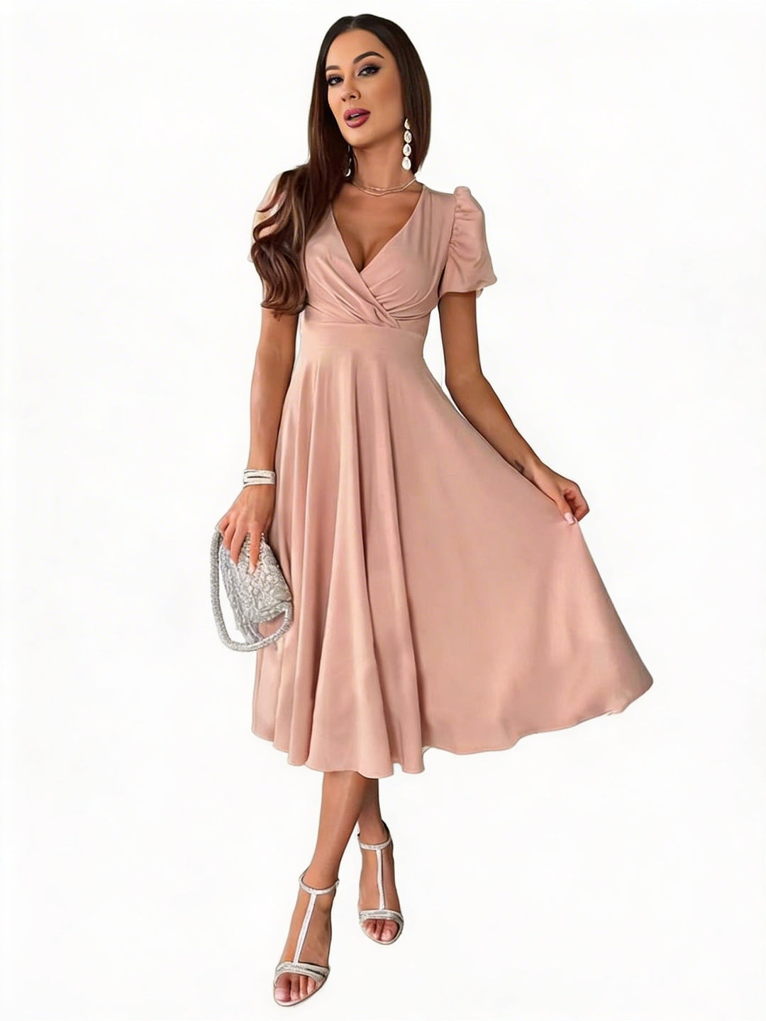 Elegante dames midi jurk met pofmouwen, V-hals en wijd uitlopende rok. Perfect als feest- of cocktailjurk.