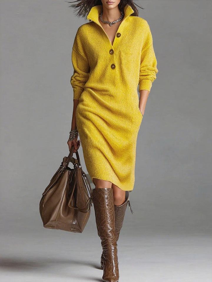 Elegante dames midi jurk met stijlvolle kraag en knoopdetails, perfect voor herfst/winter casual chic look.