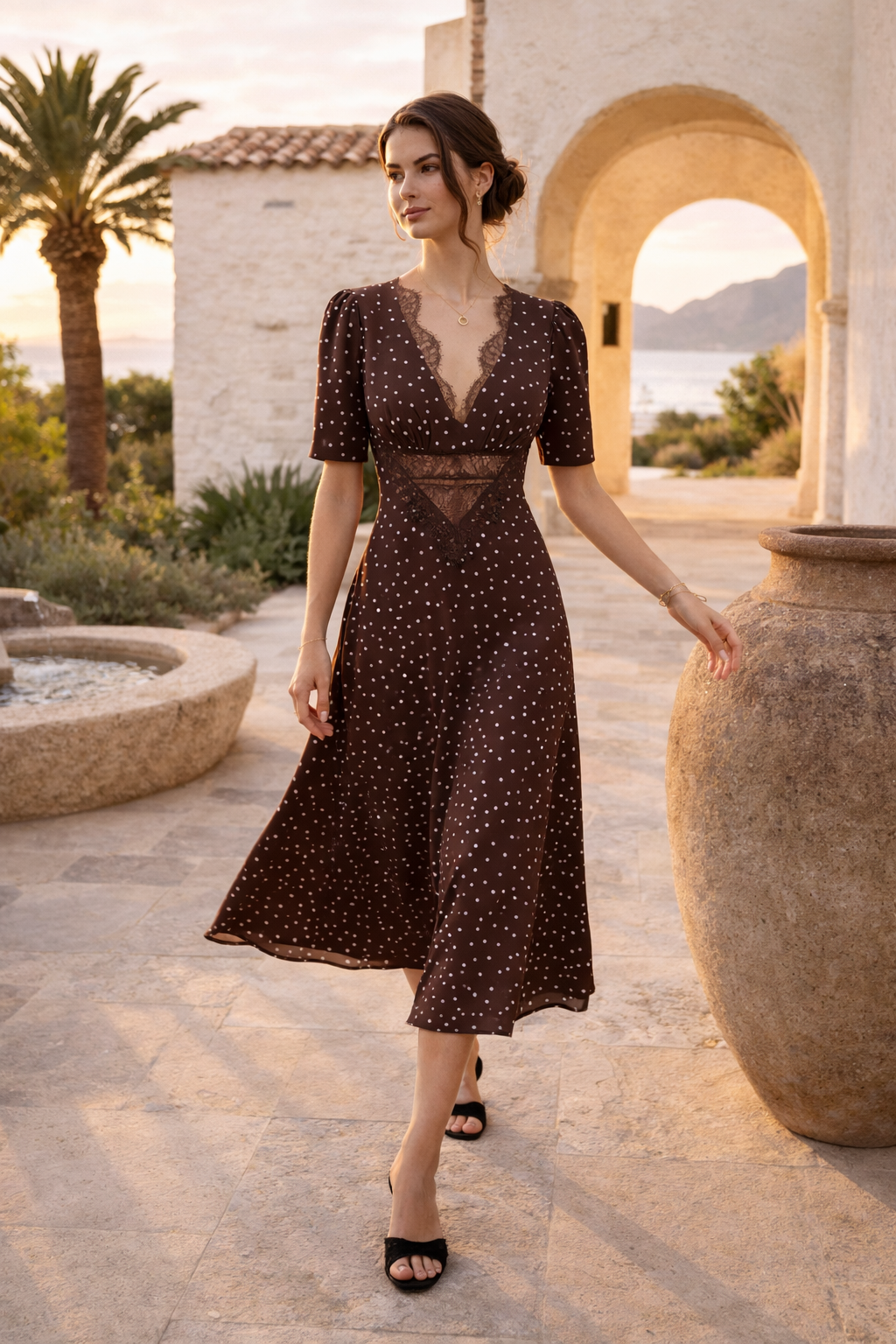 Veelzijdige dames midi-jurk met V-hals en klassieke stippenprint; geschikt als casual of elegante feestjurk.