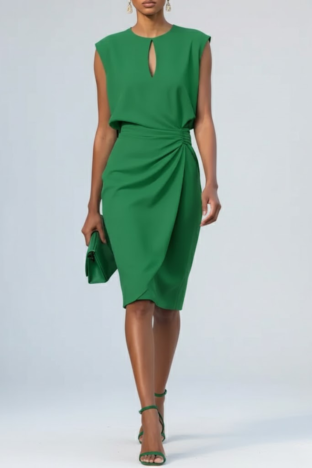 Smaakvolle dames midi jurk, mouwloos, met unieke keyhole-hals, delicate plooien en een comfortabele pasvorm.
