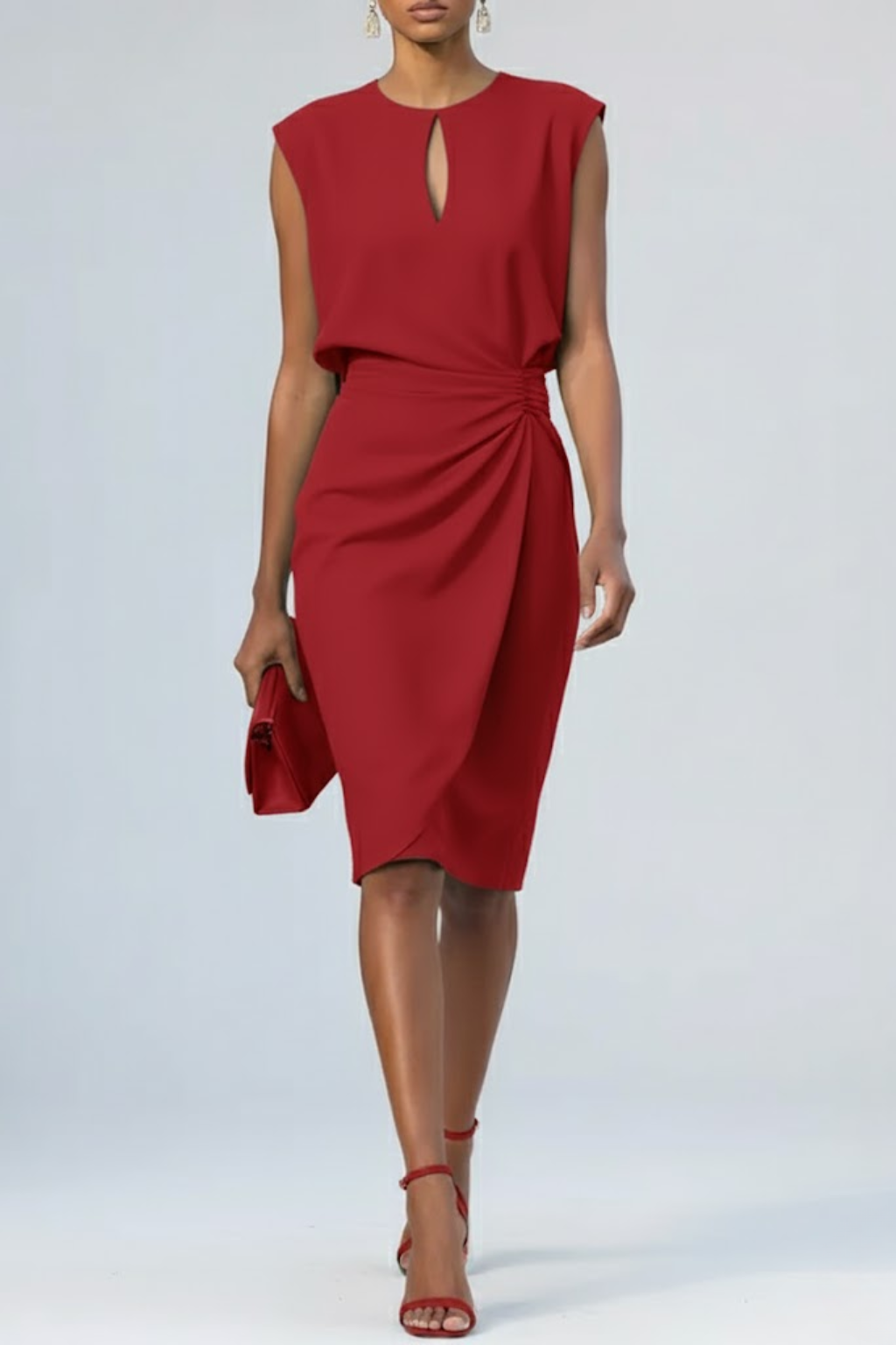 Trendy dames midi jurk, mouwloos, met opvallende keyhole-hals en elegante plooien; perfect voor zomer of feestjes.