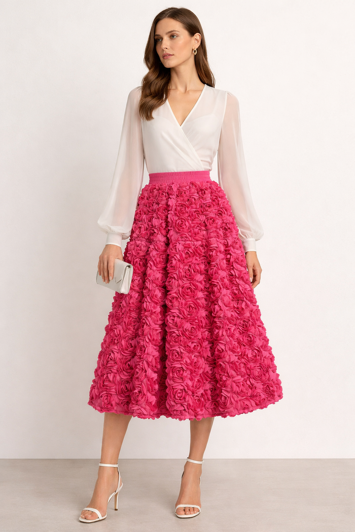 Elegante dames midi-rok met bloemen reliëf. Modieuze hoge taille, ideaal voor zomerse outfits.