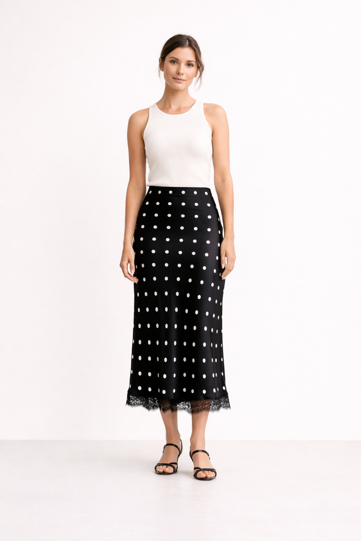 Elegante dames midi-rok met klassieke stippenprint en fijn kanten detail, perfect voor zomerse dagen.