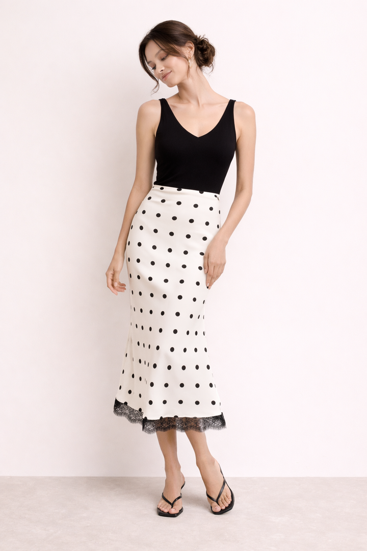 Gedetailleerde foto van de elegante stippenprint midirok voor dames, met focus op het verfijnde kanten randje.