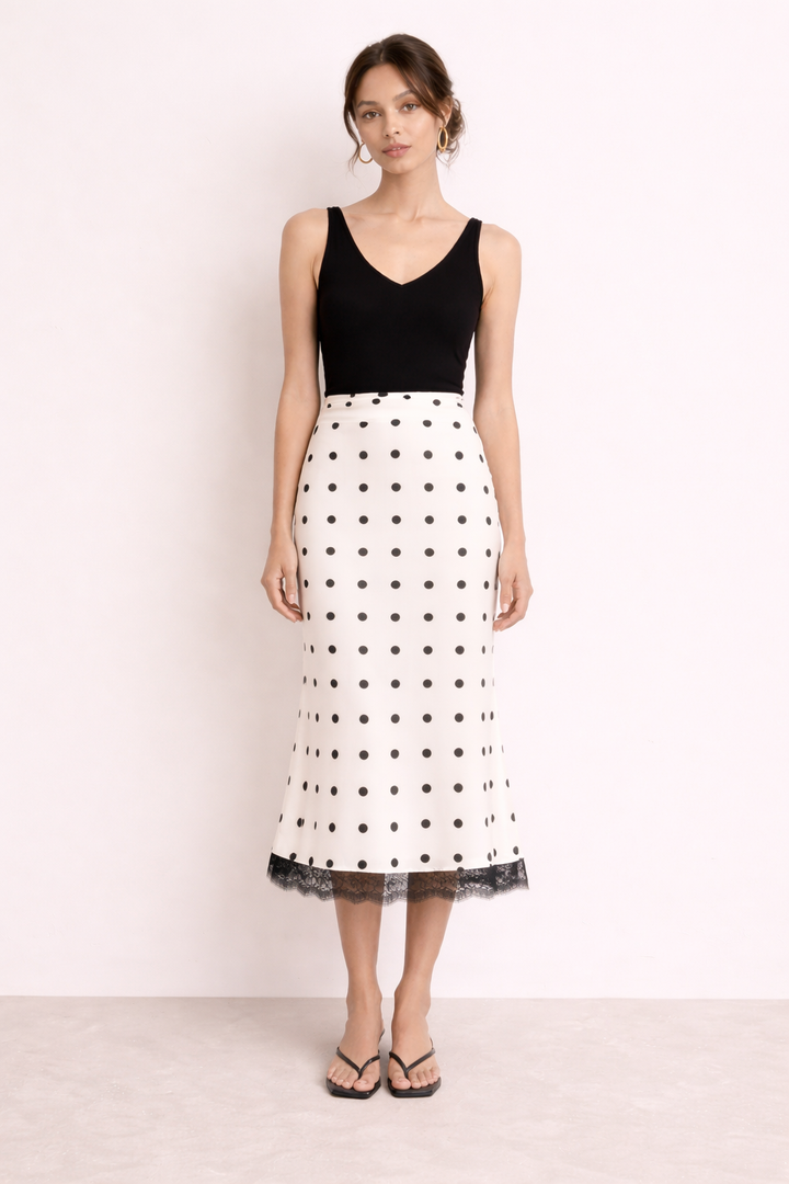 Stijlvolle dames midirok met trendy stippenprint en sierlijk kant, een must-have voor een chique zomerlook.