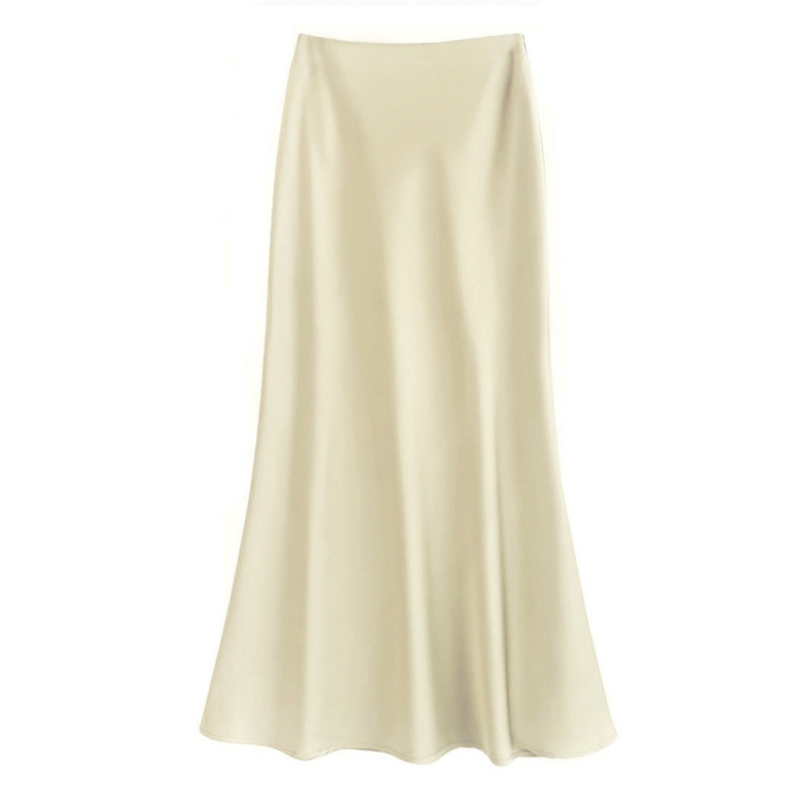 Dames elegante midi rok met vloeiende stof en subtiele glans, ideaal voor een avondje uit of kantoor.