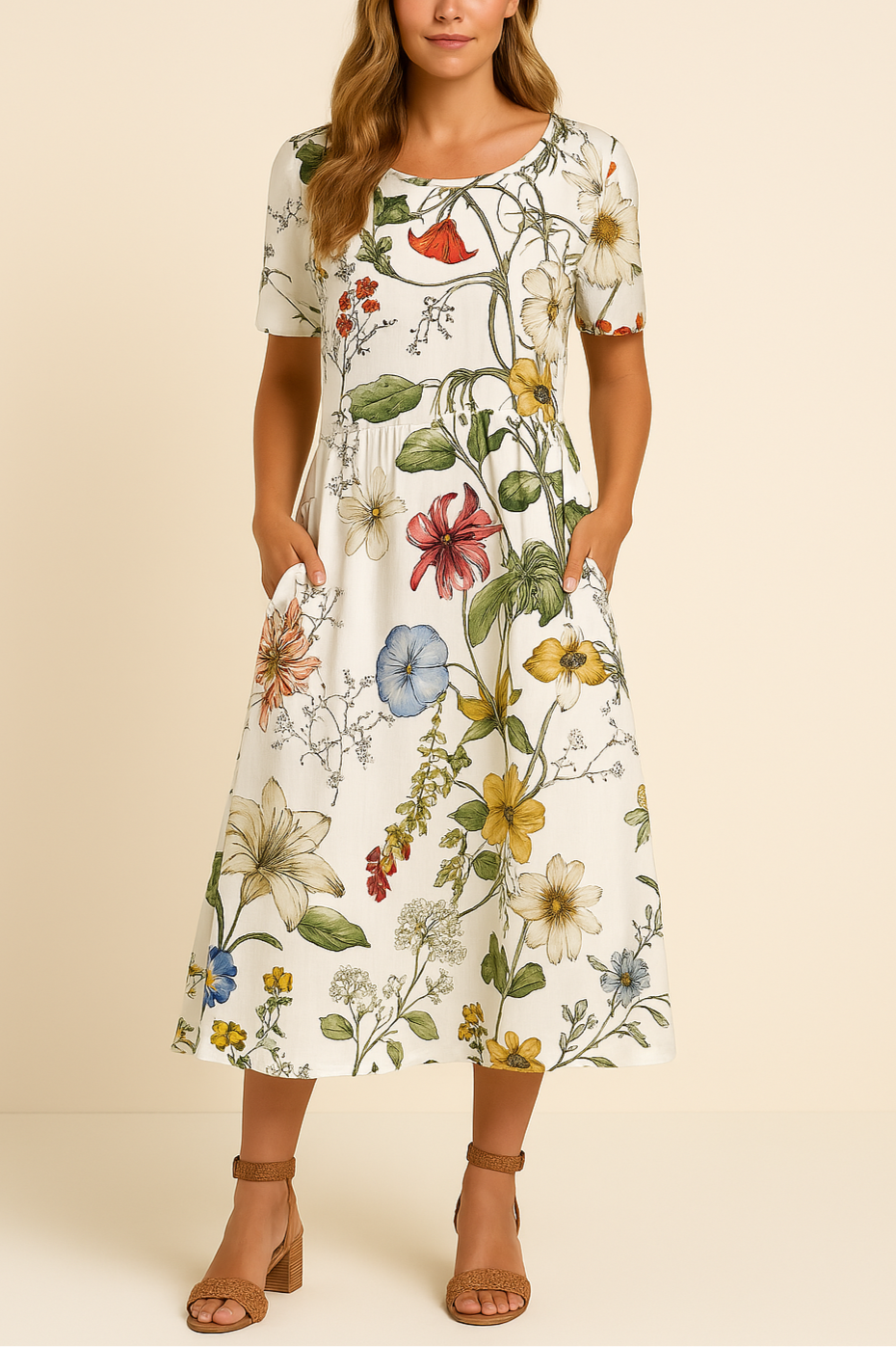 Elegante dames midi zomerjurk met vrolijk bloemenmotief, perfect voor casual of feestelijke gelegenheden.