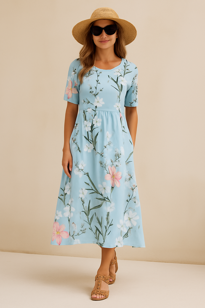 Vrolijke midi zomerjurk voor vrouwen met bloemenprint en stretch, veelzijdig en comfortabel.