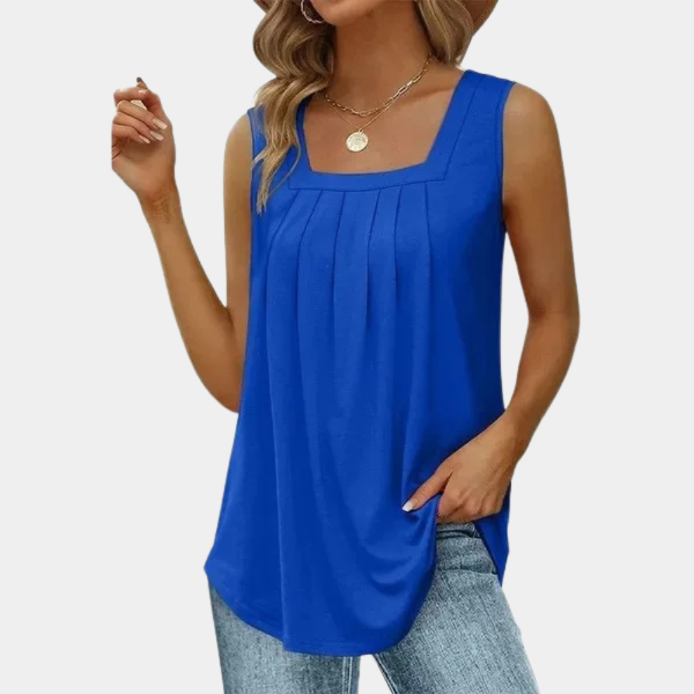 Modieuze dames top met elegante vierkante hals en mouwloos design, perfect voor kantooroutfits.